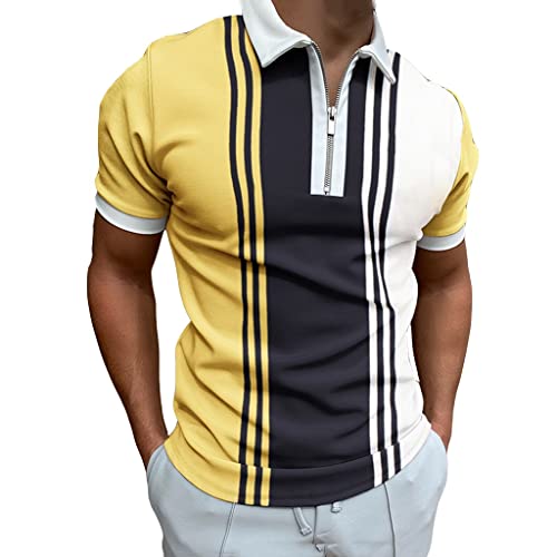 Lässiges Streifen-Poloshirt mit Reißverschluss Kurzarm mit Colorblock-Aufdruck Am Revers Sportlicher Tennis-Pullover Herren Golf Workout T-Shirt (Color : Yellow, Size : L) von Generic
