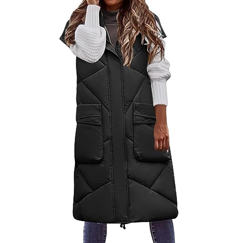 Lang Jacke Weste Damen, Daunenweste mit Kapuze Winter Warm Longweste Ärmellose Lange Steppweste Leicht Winterjacke Winterweste Daunenmantel Daunenjacke Outdoor Puffer Jacke Winterweste Mäntel von Generic