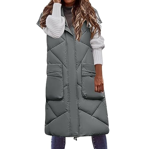 Lang Jacke Weste Damen, Daunenweste mit Kapuze Winter Warm Longweste Ärmellose Lange Steppweste Leicht Winterjacke Winterweste Daunenmantel Daunenjacke Outdoor Puffer Jacke Winterweste Mäntel von Generic