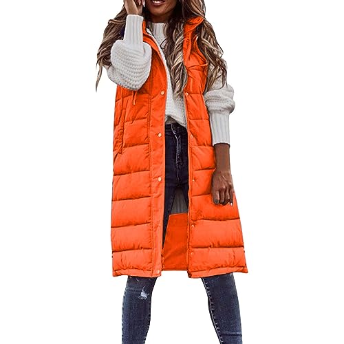 Lang Jacke Weste Damen Daunenweste mit Kapuze Warm Longweste Ärmellose Lange Steppweste Leicht Winterjacke Winterweste Outdoor WinterjackeOrangeL von Generic