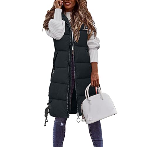 Lang Jacke Weste Damen Daunenweste mit Kapuze Winter Warm Longweste Ärmellose Lange Steppweste Leicht Winterjacke Winterweste Daunenmantel Daunenjacke Outdoor Puffer Jacke Winterweste Mäntel von Generic