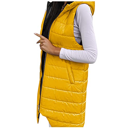 Lang Steppweste Damen Ärmellos Daunenweste mit Kapuze Warmer Weste Leicht West Winter Gilets Women Longweste Damenweste mit Taschen Mantel Outdoor Damenmäntel Wintermantel 07 Gelb 5XL von Generic