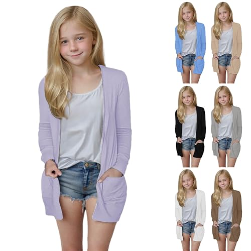 Lang Strickjacke Mädchen Einfarbige Jacke Langarm Cardigan Kinder Elegant Outdoorjacke Mode Jacken Leichte Dünn Atmungsaktiv Strickjacke Lässig (Blue, 7-8 Years) von Generic