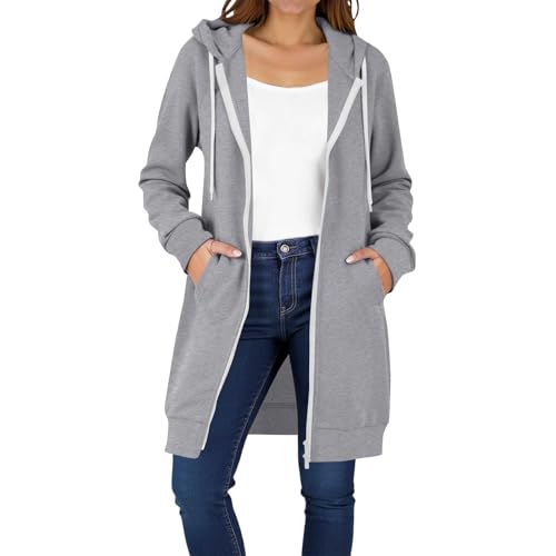 Lang Sweatjacke Damen Leicht Langarm Hoodie Jacke Elegant Einfarbig Kapuzenjacke Zipper Übergangsjacke mit Kapuze Herbst Casual Sportjacke Bequem Locker Fleecejacke,Grau,L von Generic