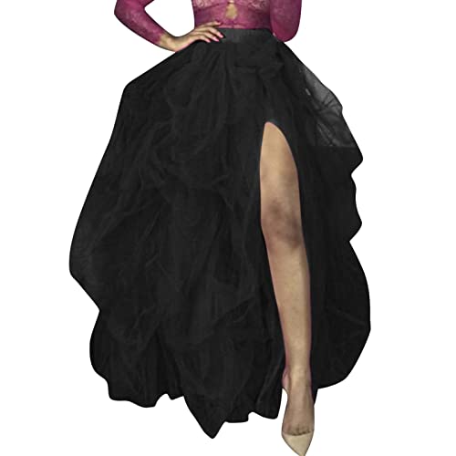 Lang Tüllrock Damen mit Schlitz|Maxi Tutu Rock Schwarz |Tütü Röcke Hohe Taille Petticoat Unterrock Ballettrock A Linien Tanzrock Partyrock Ballett Tanzen Faschings Karneval Kostüm von Generic