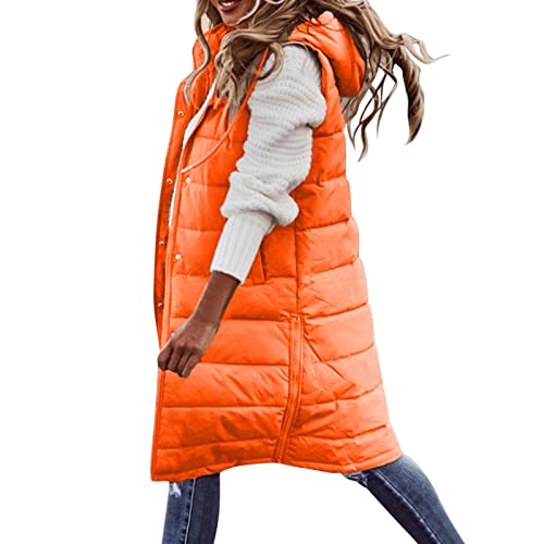 Lang Weste Damen Winter Einfarbig Lang Steppweste mit Kapuze Wintermantel Casual Lose Winterjacke Ärmellose Länge Steppjacke Weste Mantel Jacke Bequem Warm Mantel Damenmantel(C Orange,L) von Generic