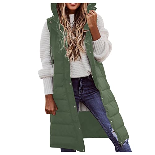 Lang Weste Damen Winter Einfarbig Lang Steppweste mit Kapuze Wintermantel Casual Lose Winterjacke Ärmellose Länge Steppjacke Weste Mantel Jacke Bequem Warm Mantel Damenmantel(E Grün,M) von Generic