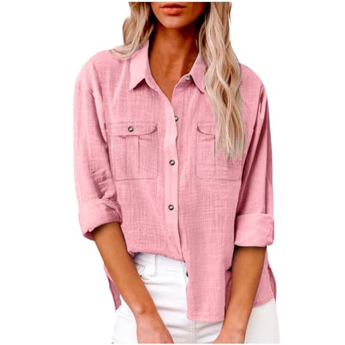 LangäRmeliges Damen-Shirt Top,Lange Bluse Damen,Sommer Vintage Einreihiges Leinenhemd Baumwolle Leinen Langarm Revers Hemd Hemd Locker bequemes Leinenhemd Oberteile,pink,S von Generic