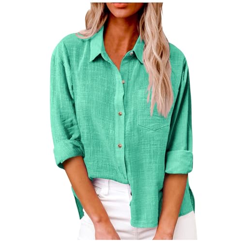 LangäRmeliges Damen-Shirt Top,Long Hemd Damen Lang,Sommer Vintage Einreihiges Leinenhemd Baumwolle Leinen Langarm Revers Hemd Hemd Locker bequemes Leinenhemd Oberteile,Grün,L von Generic