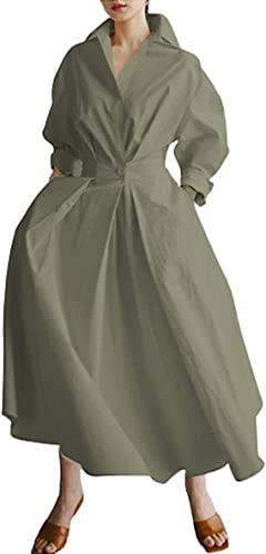 Langärmeliges Maxi-Hemdkleid mit Taschen, Knopf gesmokte Taille Swing Langes Kleid Jacke Casual Daily Outfits, Pea Green, Medium von Generic