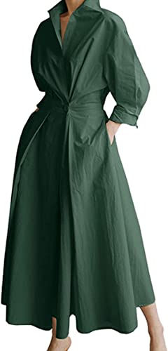Langärmeliges Maxi-Hemdkleid mit Taschen, Knopf gesmokte Taille Swing Langes Kleid Jacke Casual Daily Outfits, dunkelgrün, X-Large von Generic