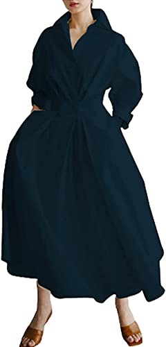 Langärmeliges Maxi-Hemdkleid mit Taschen, Knopf gesmokte Taille Swing Langes Kleid Jacke Casual Daily Outfits, navy, XXXXL von Generic