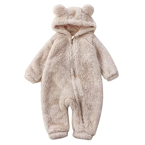 Langarm 92 Junge Neugeborenes Baby Mädchen Jungen niedlich solide Lange Ärmel Cartoon Ohren Fleece füßig mit Kapuze Reißverschluss Strampler Warmer Footie Overall Schlafanzug (Beige, 0-3 Months) von Generic