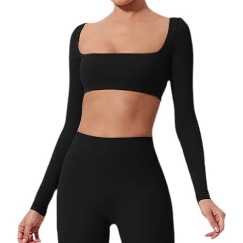 Langarm Crop Top Damen Langarm Gym Top Sport Oberteil Mit Eingebautem BH Basic Langarmshirt Damen Longsleeve Shirt mit Quadratischem Ausschnitt von Generic