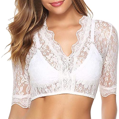 Langarm Dirndl Bluse für Damen, Dirndlbluse Spitze Trachtenbluse, Dirndlblusen Spitzenbluse, Weiß V Ausschnitt Damen Tracht Bluse, Elegant Oktoberfest Trachtenbluse Kostüm, Schwarz/Weiß von Generic