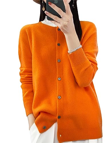 Langarm Kaschmir Frauen Strickpullover 100% Feste Merinowolle Frühling Herbst O-Neck Top Strickjacke, Orange, L von Generic