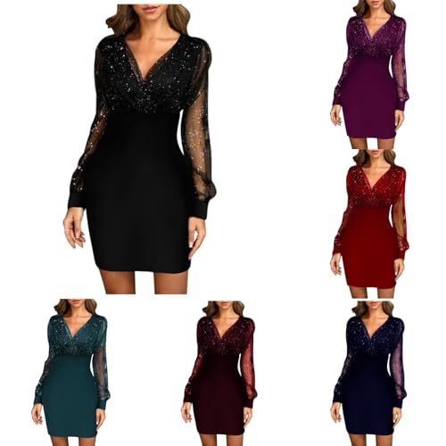 Langarm Kleid Damen Elegante Pailletten Kleid Kurze Eng Spitzen Kleider Abendkleid Damen Figurbetontes Lange Ärmel Partykleid Moden Hohe Taille Wickelkleider von Generic