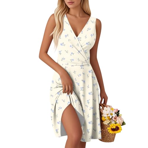 Langarm Kleid Damen Sommerkleid Ärmellos Freizeit Kleider Blumenkleid mit V-Ausschnitt Casual Strandkleid Midi Kleid Lose A-Linie Kleider Elegant Freizeitkleid für Strand Urlaub C Beige L von Generic