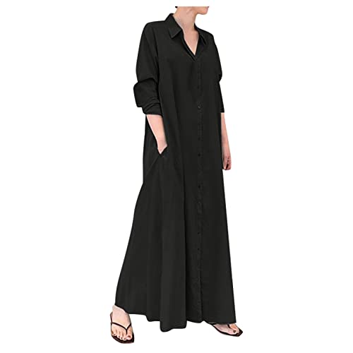 Langarm Kleid Damen mit Knopfleiste Locker Tunika Kleid Damen Lang Elegant Hemdkleid Damen Einfarbig Maxikleid Damen Winter mit Kragen Kleider Damen Herbst Winter A Linie mit Taschen von Generic