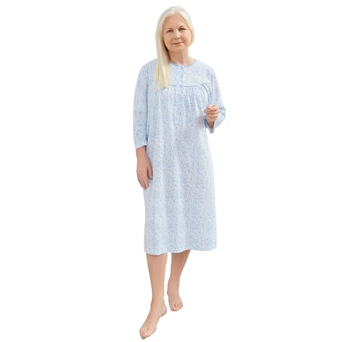 Langarm Nachthemd aus 100% Baumwolle für Mama für Oma für Ältere warm bequem (Blau, L) von Generic