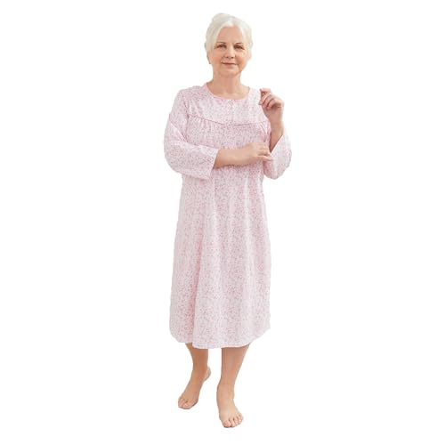 Langarm Nachthemd aus 100% Baumwolle für Mama für Oma für Ältere warm bequem (Rosa, XL) von Generic