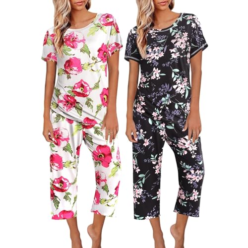 𝐋angarm Schlafanzug Damen 2er-Pack: Damen-Pyjamas, kurzärmelige Nachtwäsche, Oberteile und Capri-Hosen, Bedruckte Pyjama-Sets mit Taschen, Pyjama-Anzug Pyjama Hose Damen 𝐋ang (Pink, XL) von Generic