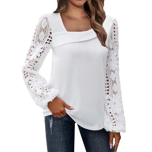 Langarmshirt Damen, Bluse Damen Elegant Pullover Tunika Langarm Spitzenbluse Damen Cut Out Oberteil Elegante Blusen Festlich Damen Pullover Elegant Oberteil Oberteile Longpullover (Weiß,3XL) von Generic