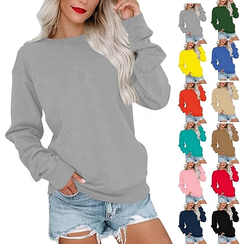 Langarmshirt Damen, Oberteile Damen Herbst Funktionsshirt Damen Langarm Basic Oversize Langarmshirt Ohne Kapuze Langarm Pullover Einfarbig Winter Oberteile Weißes Hemd Damen Kariertes Hemd Grau,XL von Generic