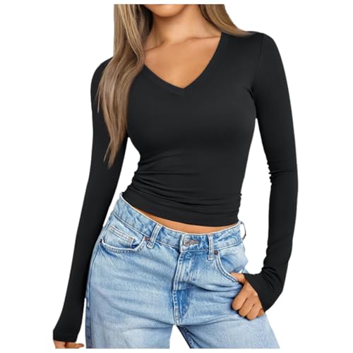 Langarmshirt Damen Clean Girl Clothes Stockholm Style Tops Teenager Mädchen Kleidung Longsleeve Basic Crop Tops Rundhals Slim Fit Y2K Oberteile Casual Streetwear t Shirt von Generic
