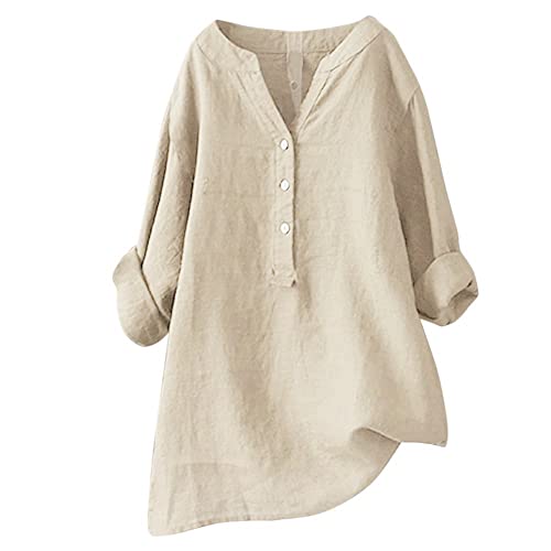 Langarmshirt Damen Große Größen Sommer V-Ausschnitt Blusenshirt Leinen Baumwolle Hemd Oberteile Shirt Basic Einfarbig Hemdbluse Tunika Bluse Sweatshirt Festliche Oberteile Tops(C Beige,5XL) von Generic