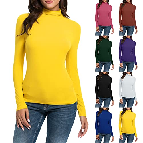 Langarmshirt Damen Langarm Basic Oberteile Longsleeve Baumwolle Pullover T-Shirt Tops Strickpullover Rollkragen Langarmshirt Rollkragenshirt Slim Fit Basic Turtleneck Pullover (001 Gelb, XXL) von Generic