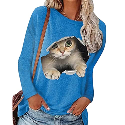 Langarmshirt Damen Lustig - Pullover Damen mit 3D Katze Motiv T Shirt Langarm Oberteile Rundhals Sweatshirt Große Größen Bluse Top Tshirt Langarmshirts für Frauen Teenager Mädchen Herbst Winter von Generic