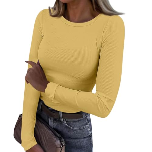 Langarmshirt Damen Rundhals Basic Solid Colour Oberteile Herbst Winter Mode Casual Slim Fit Pullover Gelb von Generic