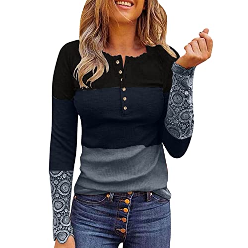 Langarmshirt Damen Rundhals Longsleeve Tshirt Damen Langarmshirts Spitze V-Ausschnitt Button-Down Henley Shirts Blusen Damen Langarmshirt Casual Rundhals Bluse Tunika von Generic