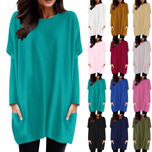 Langarmshirt Damen Rundhalsausschnitt Locker Lose Langarm Oberteile Oversize Lang Sweatshirt Tops Asymmetrisch Saum Jumper Pullover Mit Taschen von Generic
