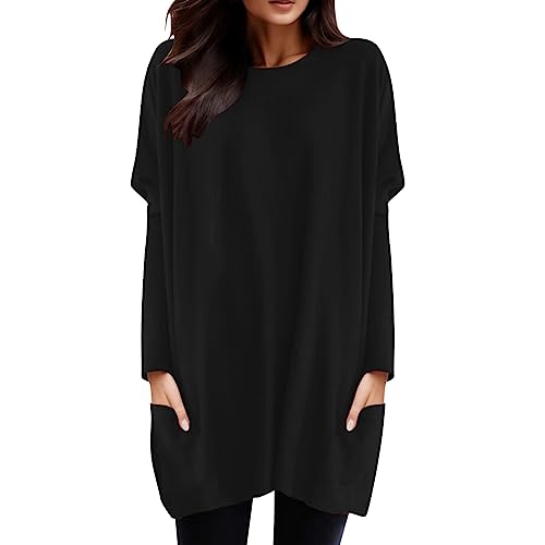 Langarmshirt Damen Rundhalsausschnitt Locker Lose Langarm Oberteile Oversize Lang Sweatshirt Tops Asymmetrisch Saum Jumper Pullover Mit Taschen von Generic