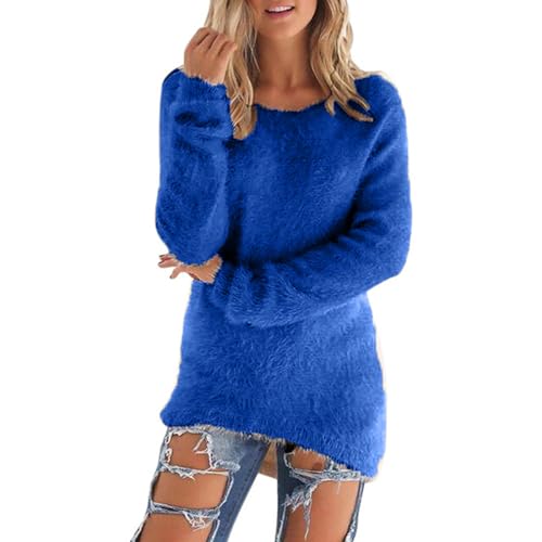 Langarmshirt Damen Teddyfleece Pullover Lang Slim Fit Fleecepullover Winter Elegant Tops Einfarbig Große Größen Oberteile Warm Bluse Langarm Sweatshirt Thermo Shirt Rundhals Pulli Longpullover von Generic