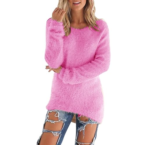 Langarmshirt Damen Teddyfleece Pullover Lang Slim Fit Fleecepullover Winter Elegant Tops Einfarbig Große Größen Oberteile Warm Bluse Langarm Sweatshirt Thermo Shirt Rundhals Pulli Longpullover von Generic
