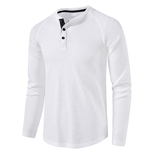 Langarmshirt Herren, Henley Shirt Baumwolle Basic Hemd Long Sleeve Casual T-Shirts Boss Tshirt Langärmelig Einfarbig Kragenloses Shirt mit Tasten Poloshirt Herren Weiß L von Generic