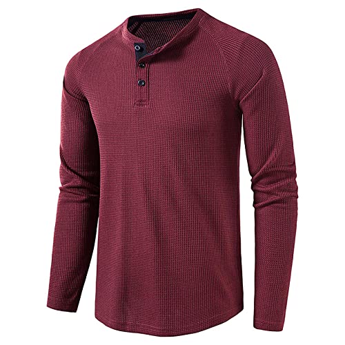 Langarmshirt Herren, Henley Shirt Baumwolle Basic Hemd Long Sleeve Casual T-Shirts Boss Tshirt Langärmelig Einfarbig Kragenloses Shirt mit Tasten Sweatshirt Herren Rot M von Generic