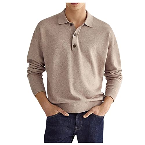 Langarmshirt Herren, Poloshirts Herren Basic Langarm Baumwolle Polohemd Denim NäHen Golf T-Shirt Sports Boss Tshirt Herren Stehkragen Mit Tasten Shirt Herren Pullover Beige M von Generic