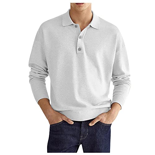 Langarmshirt Herren, Poloshirts Herren Basic Langarm Baumwolle Polohemd Denim NäHen Golf T-Shirt Sports Boss Tshirt Herren Stehkragen Mit Tasten Shirt Poloshirt Herren Weiß 3XL von Generic