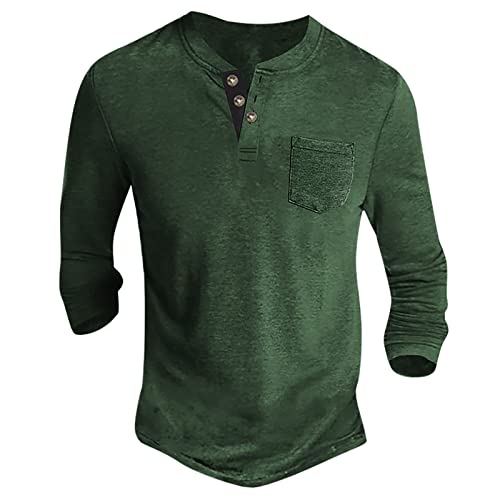 Langarmshirt Herren Basic Henley Shirt mit Brusttasche Langarm Lässige T-Shirt mit Knöpfen Einfarbige Baumwolle Regular Fit Hemd Herren Langarm Funktionsshirt Herren Grün L von Generic