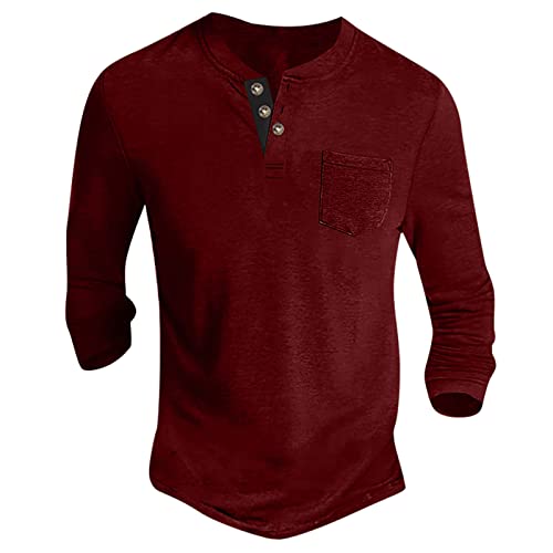 Langarmshirt Herren Basic Henley Shirt mit Brusttasche Langarm Lässige T-Shirt mit Knöpfen Einfarbige Baumwolle Regular Fit Hemd Herren Langarm Funktionsshirt Herren Langarm Rot XL von Generic