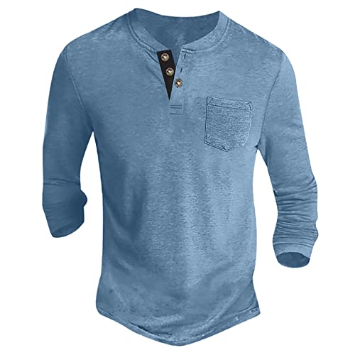 Langarmshirt Herren Basic Henley Shirt mit Brusttasche Langarm Lässige T-Shirt mit Knöpfen Einfarbige Baumwolle Regular Fit Hemd Herren Langarm Langarmshirt Herren blau M von Generic