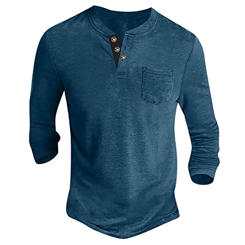 Langarmshirt Herren Basic Henley Shirt mit Brusttasche Langarm Lässige T-Shirt mit Knöpfen Einfarbige Baumwolle Regular Fit Hemd Herren Langarm Poloshirt Herren blau S von Generic