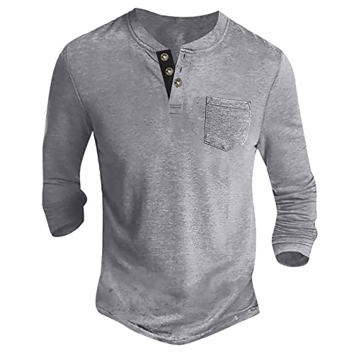 Langarmshirt Herren Basic Henley Shirt mit Brusttasche Langarm Lässige T-Shirt mit Knöpfen Einfarbige Baumwolle Regular Fit Hemd Herren Langarm Pullover grau XXL von Generic
