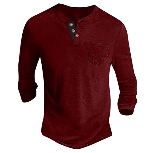 Langarmshirt Herren Basic Henley Shirt mit Brusttasche Langarm Lässige T-Shirt mit Knöpfen Einfarbige Baumwolle Regular Fit Hemd Herren Langarm Shirt Rot XXL von Generic
