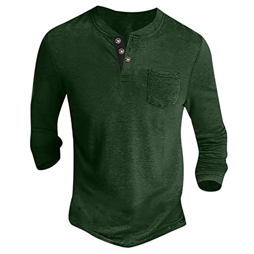 Langarmshirt Herren Basic Henley Shirt mit Brusttasche Langarm Lässige T-Shirt mit Knöpfen Einfarbige Baumwolle Regular Fit Hemd Herren Langarm Sweatshirt Grün M von Generic