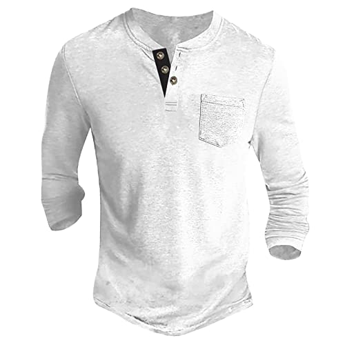 Langarmshirt Herren Basic Henley Shirt mit Brusttasche Langarm Lässige T-Shirt mit Knöpfen Einfarbige Baumwolle Regular Fit Hemd Herren Langarm Sweatshirt Herren ohne Kapuze Weiß XL von Generic